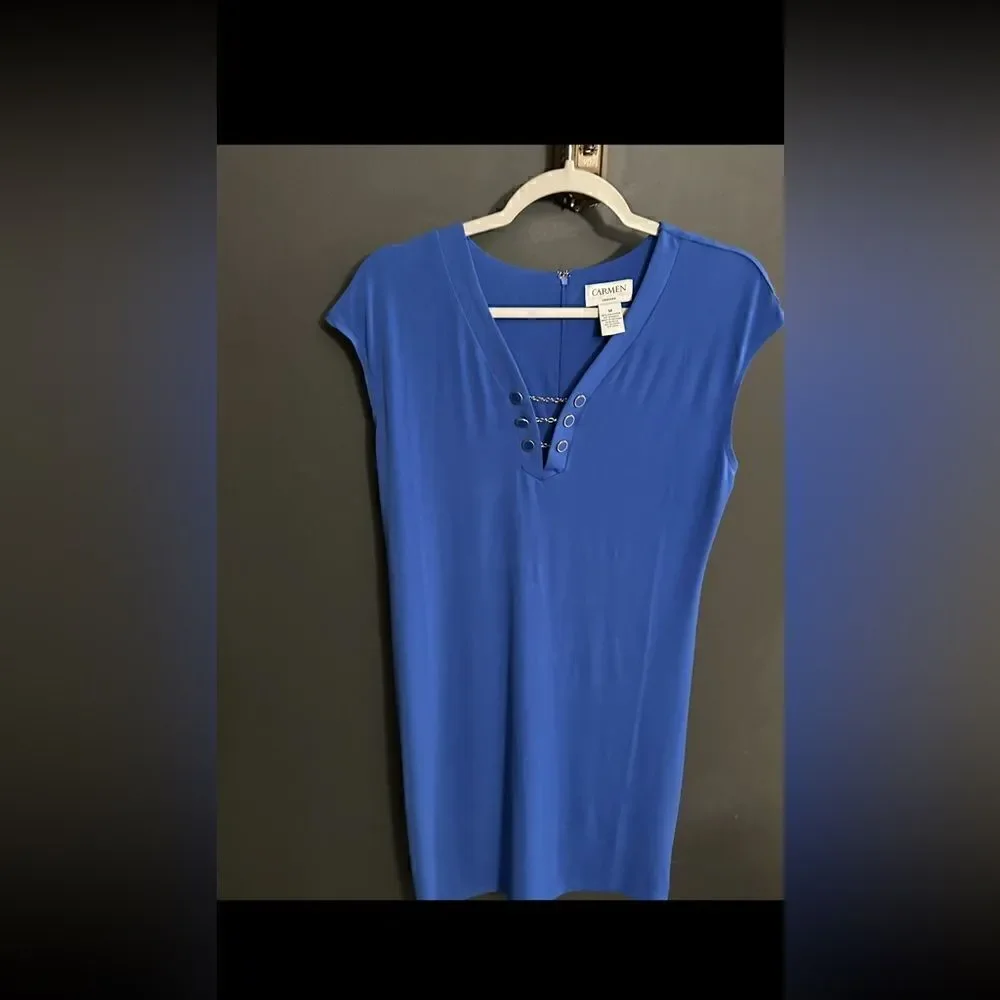 Carmen Marc Valvo Shift Shirt Dress Royal Blue EUC Size Medium